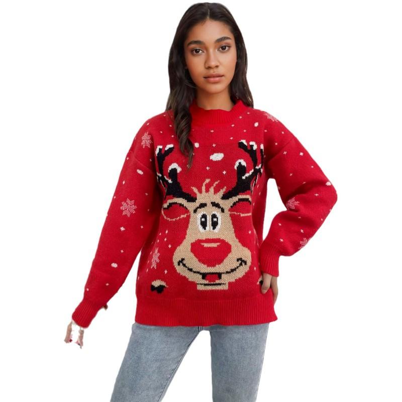 Womens Oversized Christmas Deer Knit Sweater Loose Fit Pullover Top Winter