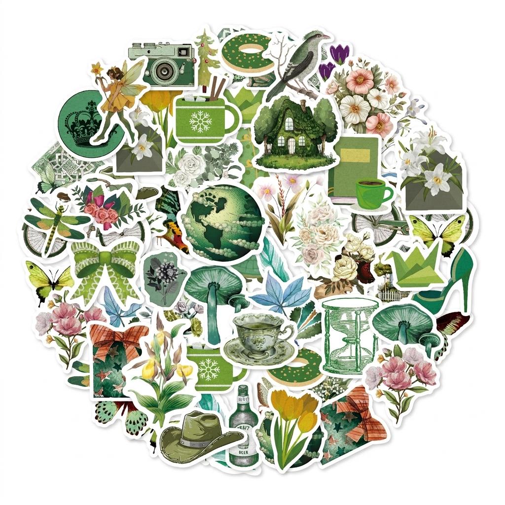 50Pcs Removable Vintage Green Stickers for Diary Luggage Decoration Waterproof Oilproof PVC Vinyl