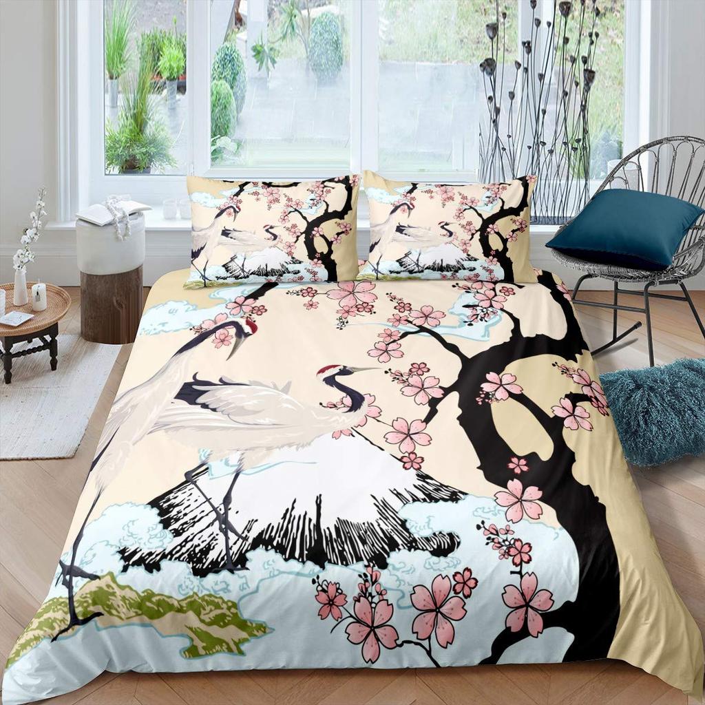 Crane Bedding Set Girl Cherry Blooming Fuji Mountain Sun Duvet Cover Kids Women Lotus Floral Comforter Cover Watercolor Decor