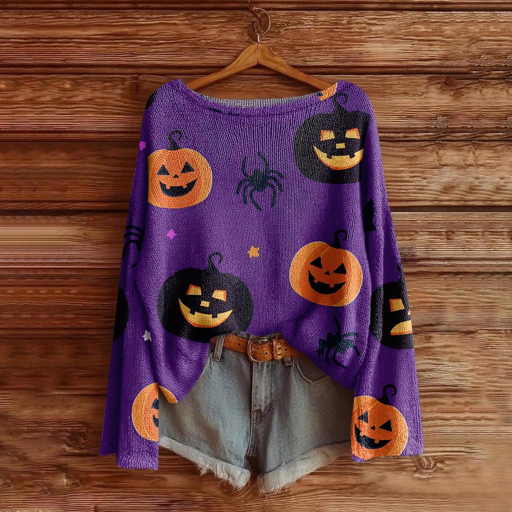 Women's Halloween Sweater, Bohemian Vintage Pattern Print Long Sleeve Knit Pullover