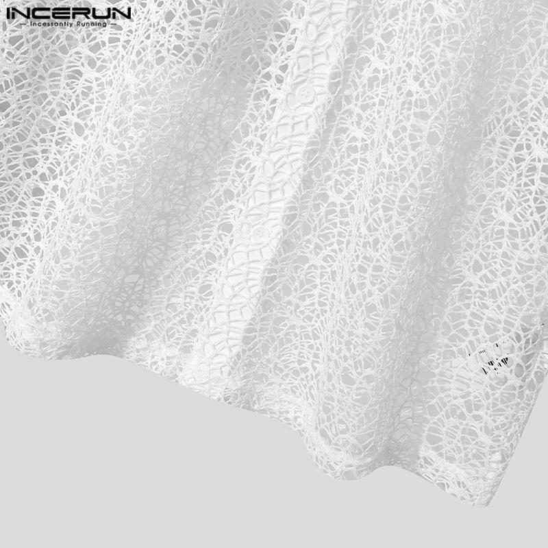 INCERUN Мужские летние пляжные рубашки с коротким рукавом из вязаной крючком ажурной пряжи