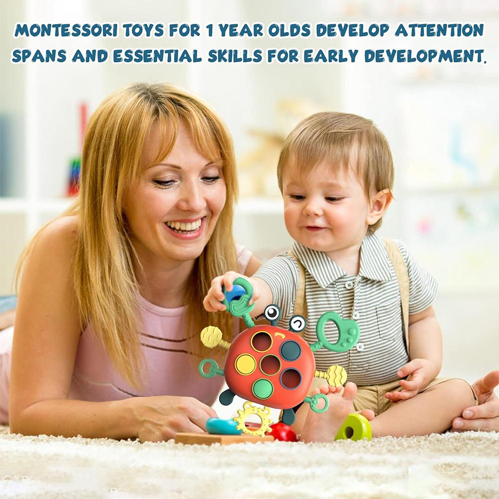 Сенсорные игрушки Монтессори «Крабик» Силиконовая игрушка с веревочкой, Прорезыватель, Игрушки для развития моторики для детей от 1 до 3 лет
