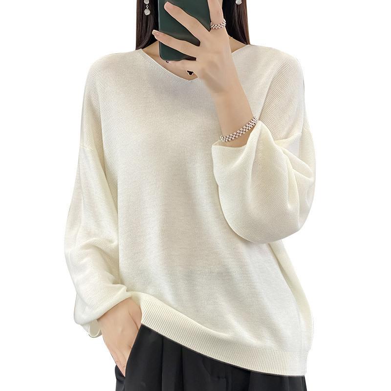 Женский тонкий вязаный свитер с v-образным вырезом, свободная большая версия ленивого свитера