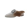 Fashion Aphixta Crystal Buckle Dec Warm Winter Real Rabbit Fur Plush Women Slippers Furry Mules Shoes Square Toe Square Heel Hair Slides