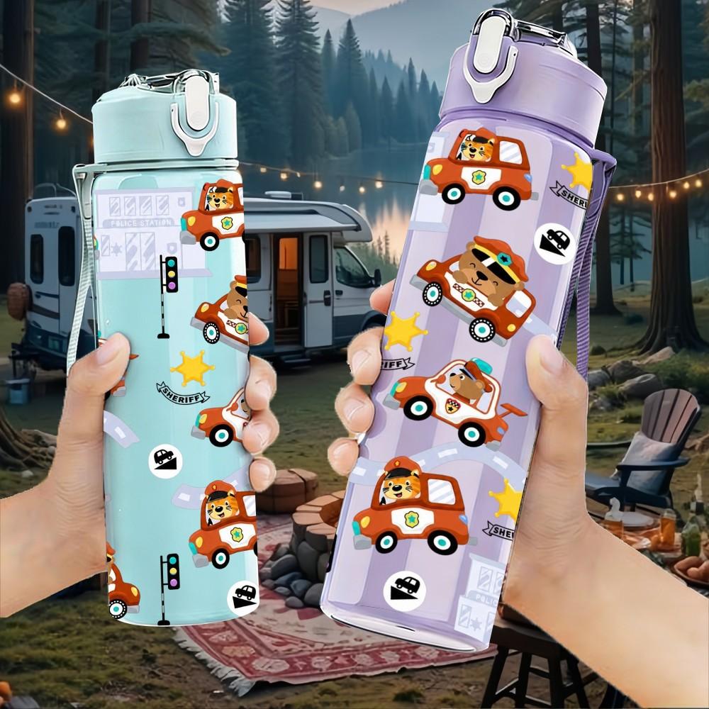 1PC Tiny Bear Repeat Pattern 750ml Color Plastic Sports Water Bottle Leakproof Flip Straw Lid Suitable for Sports Office Home Use