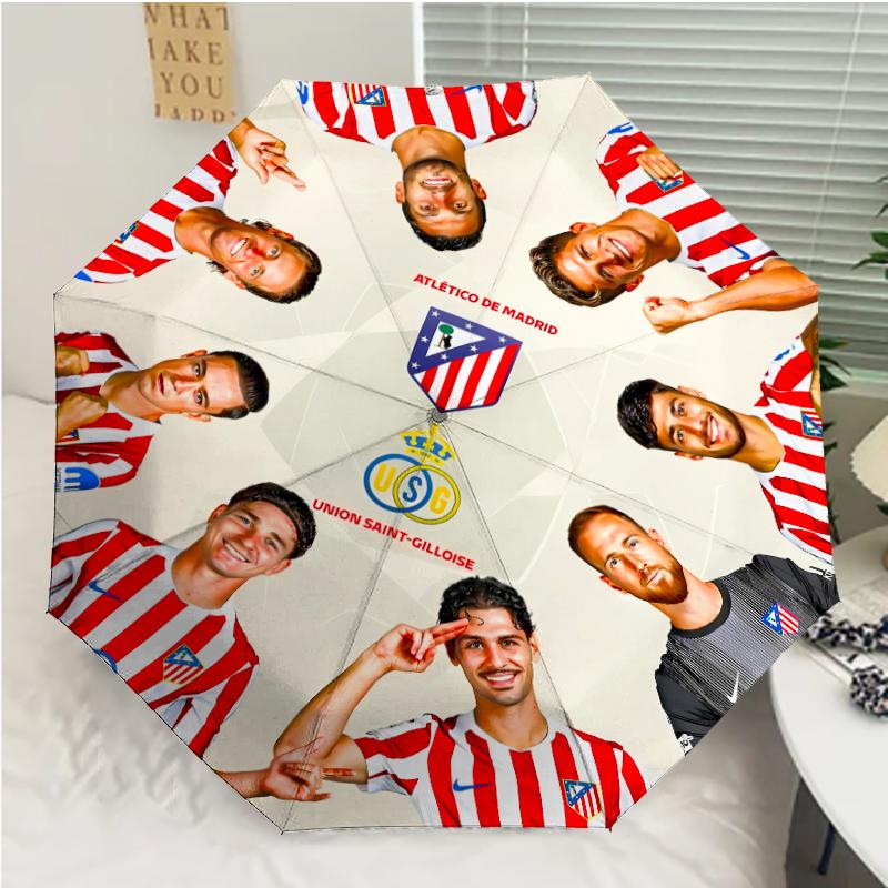 Atlético Madrid logo Print Automatic Umbrella, 8 Rib Iron Frame, Plastic Handle, Suitable for Outdoor Travel &Daily , Ideal Gift
