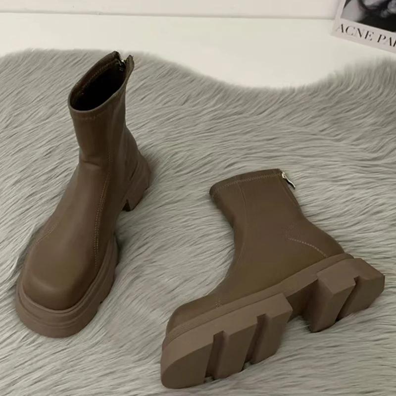 Women Platform Snow Ankle Boots Mid Heels Fashion Motorcycle Boots Trend Winter Designer Leather Shoes Goth Botas De Mujer