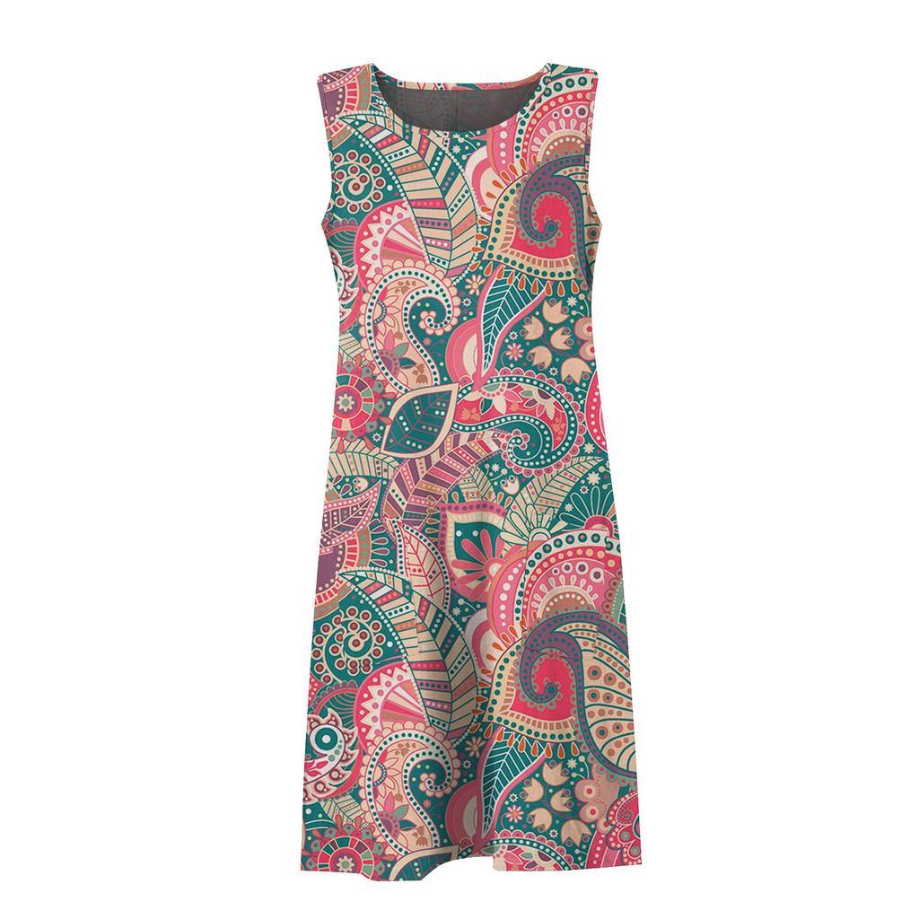 Women's Fashion Summer Printed  Sleeveless Dress Crewneck  Large Hemline Dress
