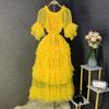 French pleated waist flared sleeve mesh cake dress women's thin elegant dress long dress fashion temperament