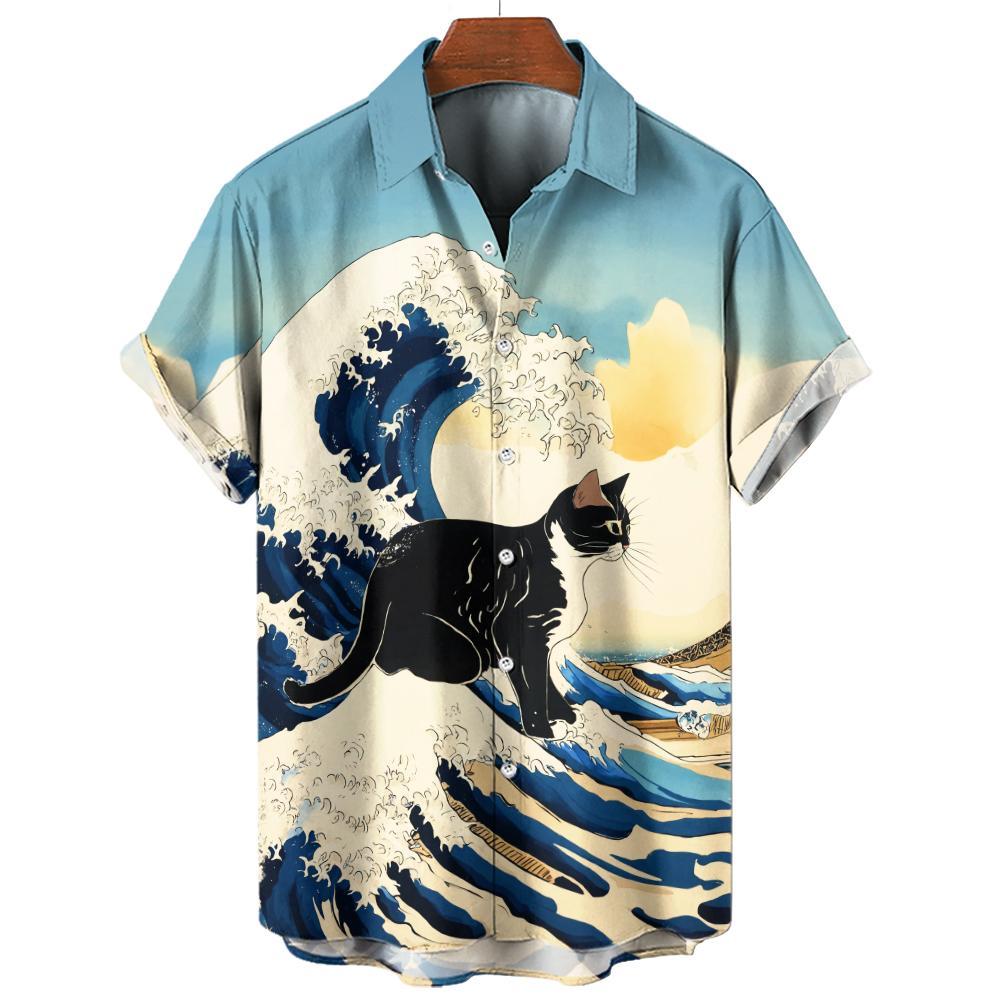 Men's Shirts Anime Cat Graphic Shirts For Men Casual Summer Oversized Tees Short Sleeve Tops Harajuku Streetwear Men's Clothing