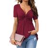 V-neck Front Twist Short-sleeved T-shirts Elegant and Casual Pure-color Pullover Women's T-shirts