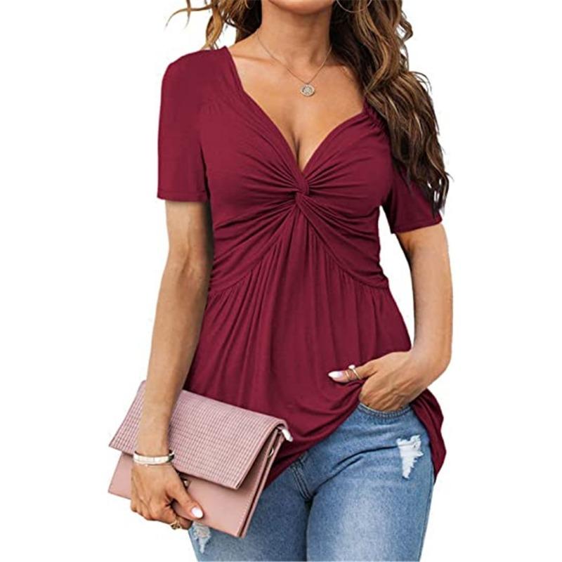 Women's V-neck Front Twisted Shirt Short Sleeved Elegant Casual T-shirt Solid Color Pullover Top Shirt