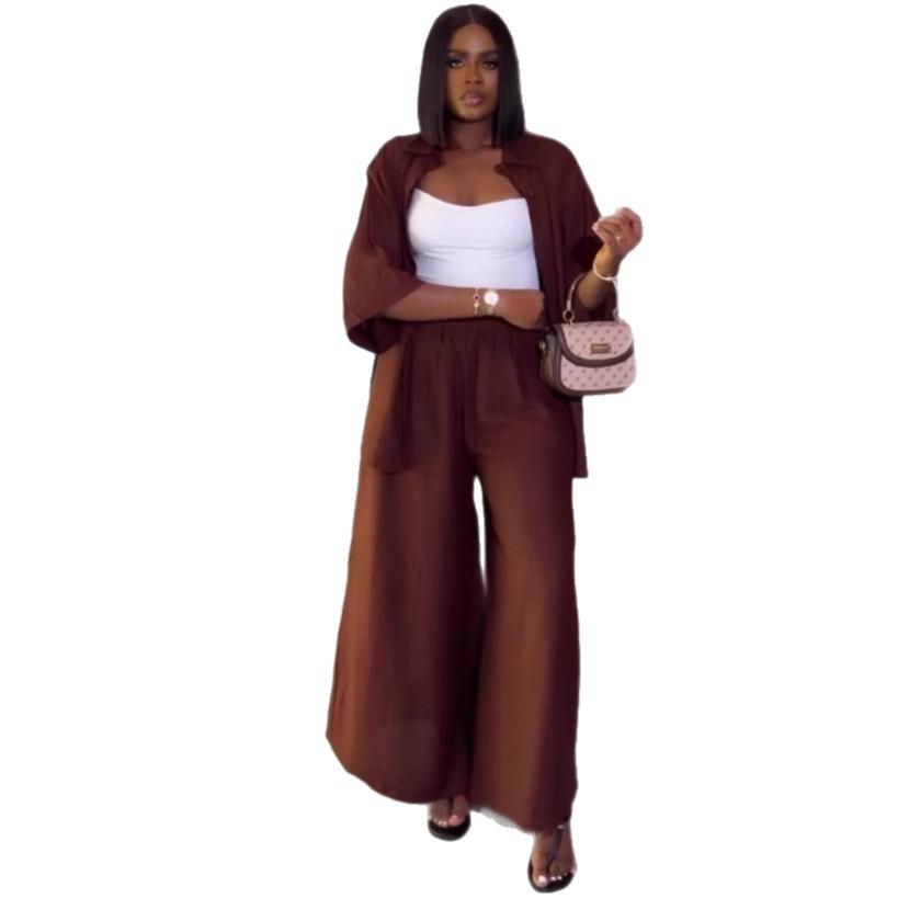 European and American fashion casual women's clothing suit solid color cardigan shirt wide-leg trousers African new foreign style two-piece set women