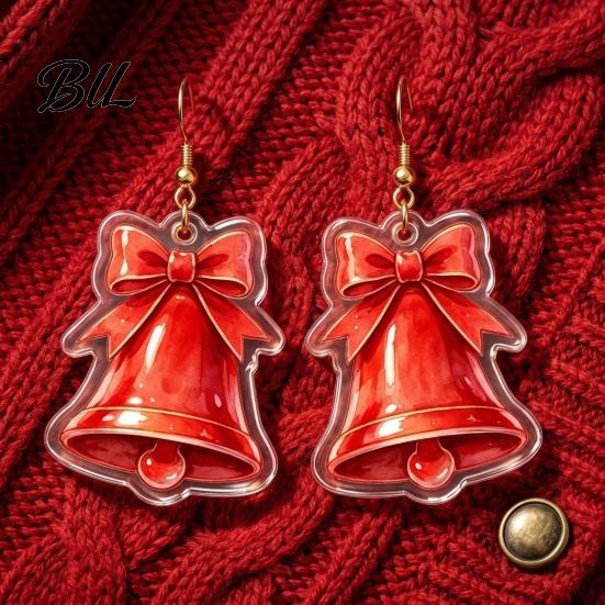 Acrylic Bell Dangle Earrings 1 Pair 2D Christmas for Women, Cute Red Delicate Holiday Gift Friends with Bow, Jewelry Gifts Xmas Party Accessories