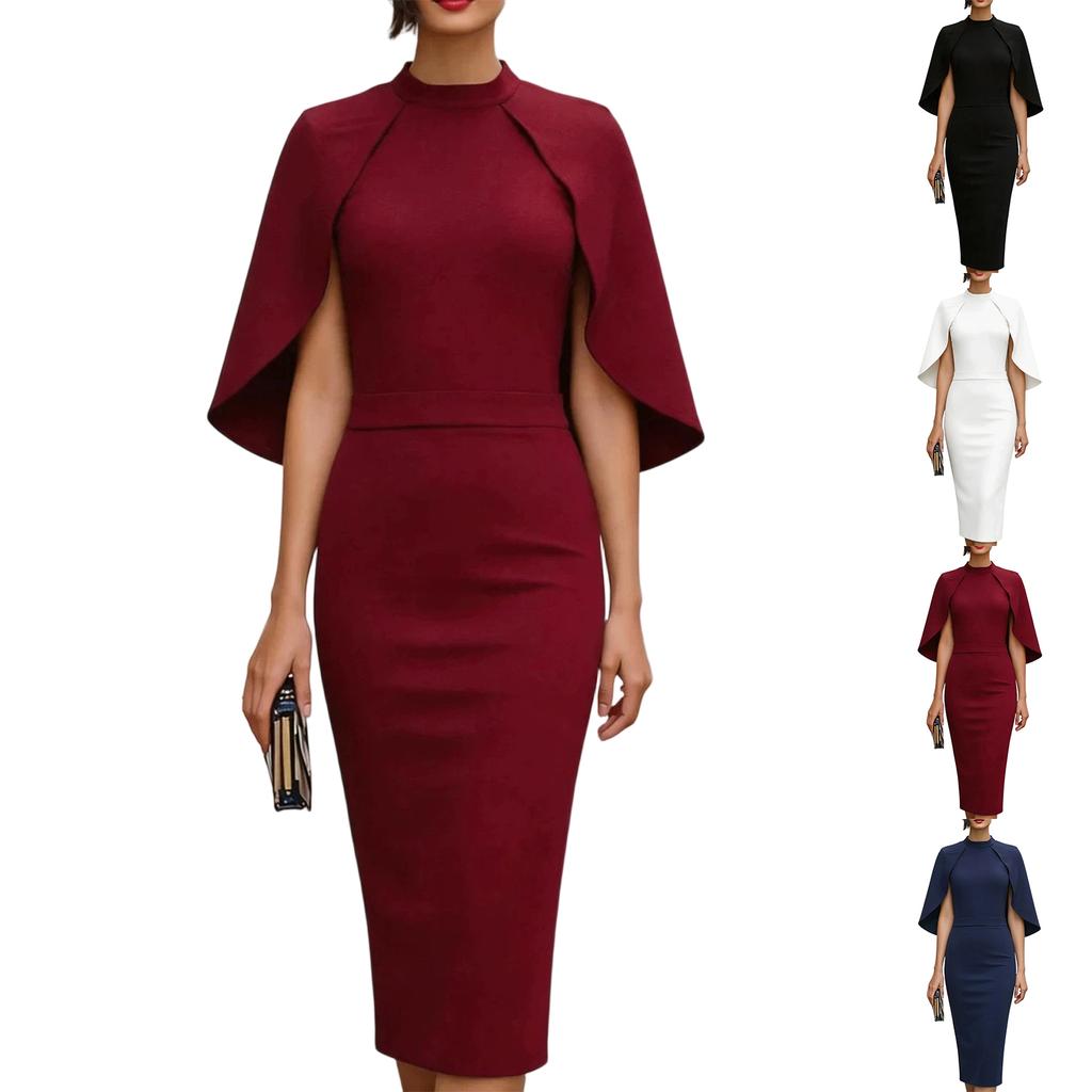 Women's Fashion Midi Dress Round Neck Short Sleeve Bodycon Pencil Dress with Cape Overlay Elegant Slim Fit Knee Length Dress