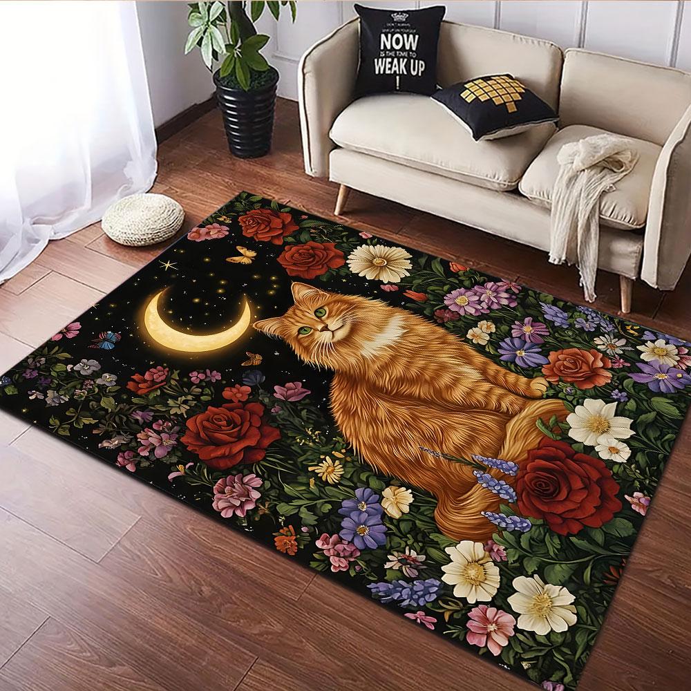 Moonlit Cat in Floral Garden Patterned carpet, suitable as a non slip play mat for the living room and bedroom sofa