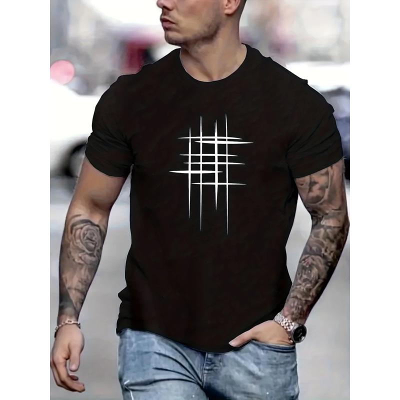 Summer Men's 100% Polyester Casual Loose Size Graphic Line Printed Neck Short-sleeved T-shirt Top