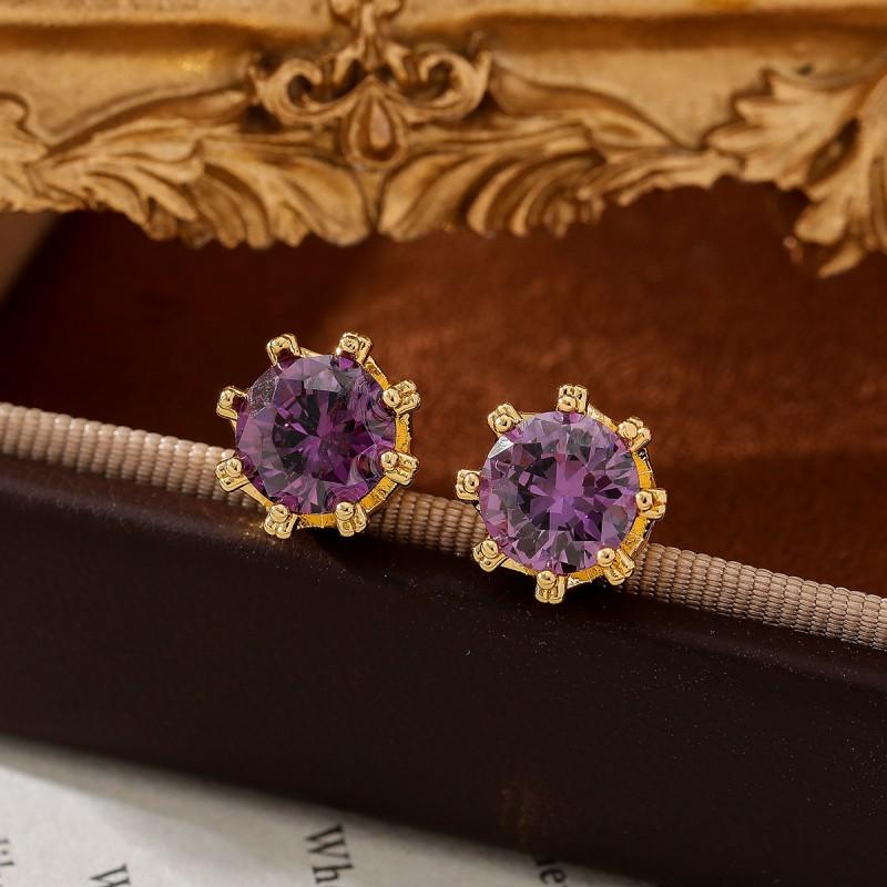 Elegant Purple Zircon Crown Stud Earrings Women Copper Base With Gold Plating Lightweight Fashion Jewelry Daily Wear