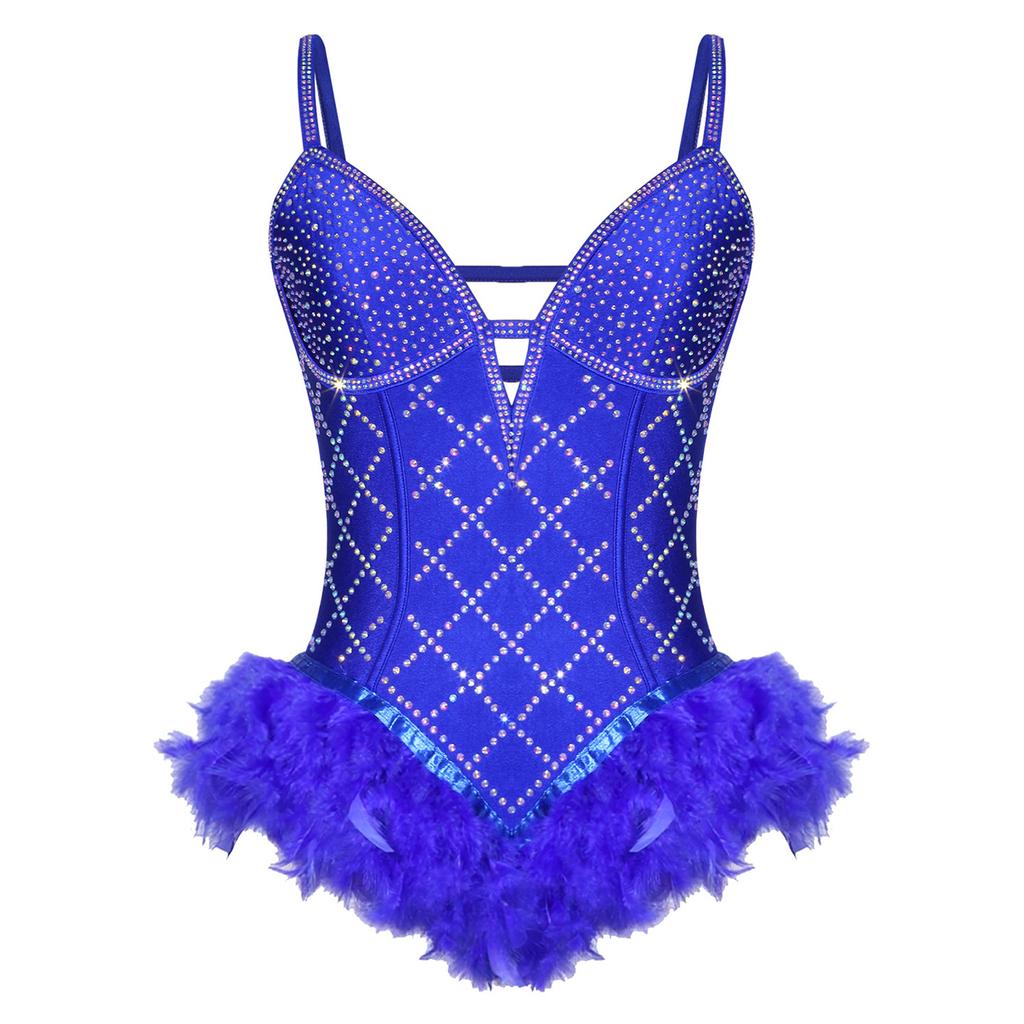 Womens Shiny Rhinestone Feather Leotard Deep V Neck Adjustable Spaghetti Straps Strappy Back Bodysuit