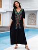 Elegant Premium Embroidered Plus Size Black Kaftan 2024 Women Loose House Robe Summer Beach Long Dress Swimsuit Cover Up Q1709