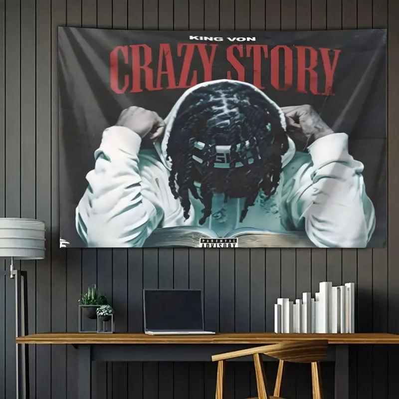 VIKAMA King Von HipHop Rap Tapestry Retro Album Cover Style Wall Hanging for Chicago Drill Music Fan Bedroom Decoration