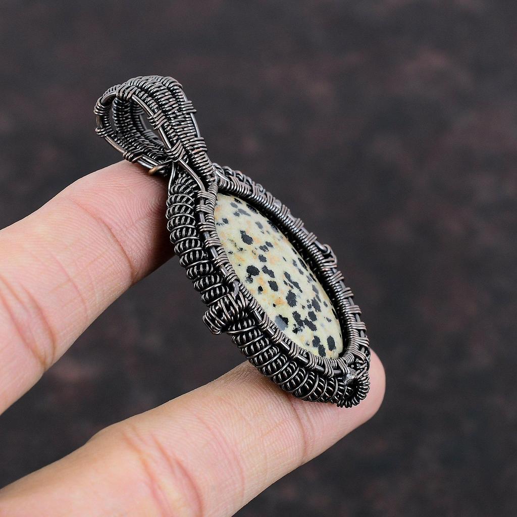 Кулон из далматинской яшмы, медная проволока, кулон, кулон ручной работы с драгоценным камнем, медные украшения, этнический кулон, подарок для женщин, дизайнерские ювелирные изделия