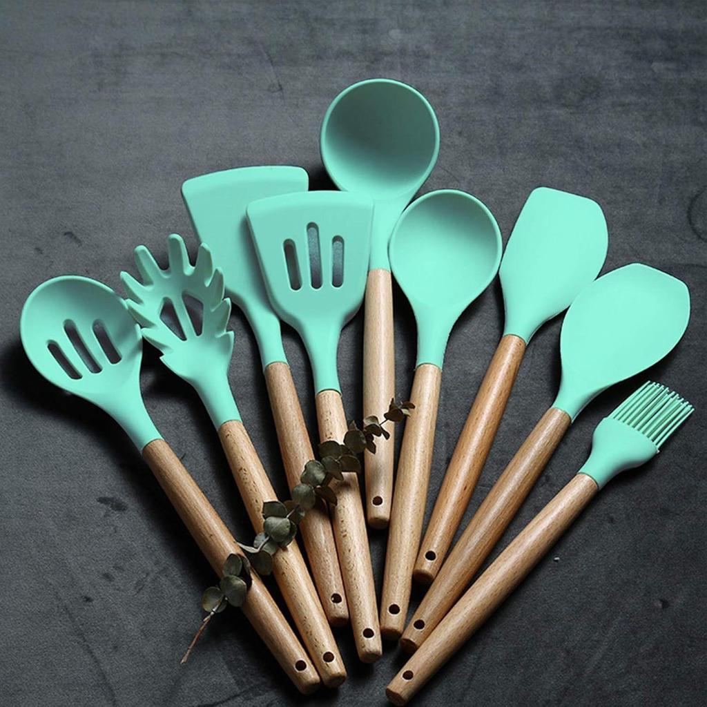 12 Pc Silicone Kitchen Utensils & Spatula Set | Non-Stick Cooking & Baking Tools with Wooden Handle