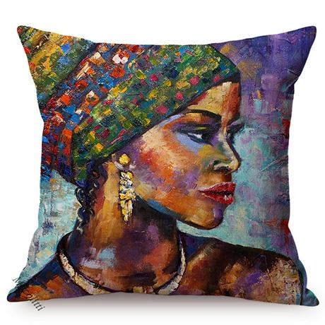 African Black Woman Portrait Oil Painting Sofa Decoration Pillow Case Africa Girl Lady Style Cotton Linen Cushion Cover