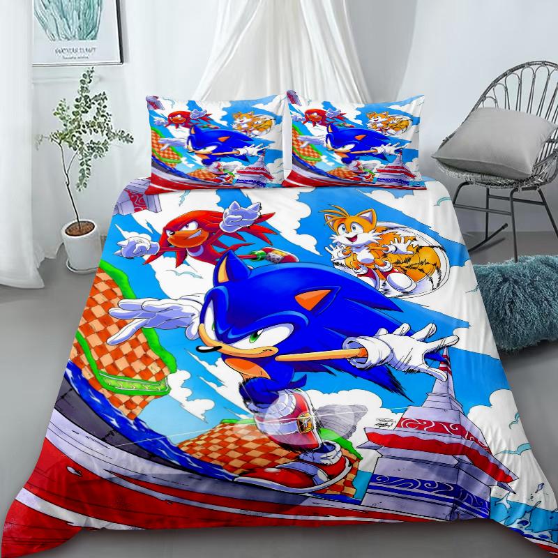 Крутой комплект постельного белья с Соником – Комплект bedding, Пододеяльник для спальни, Декор для дома – Подарки на день рождения для детей и подростков