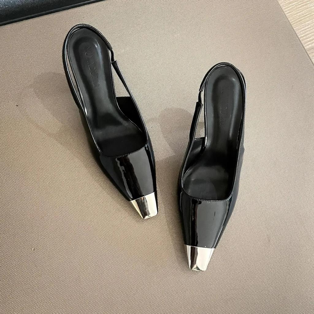 Fashion New Square Toe Thin Heel Sandals Black Wrapped Heels High Heels Metal Toe Women's Single Shoes