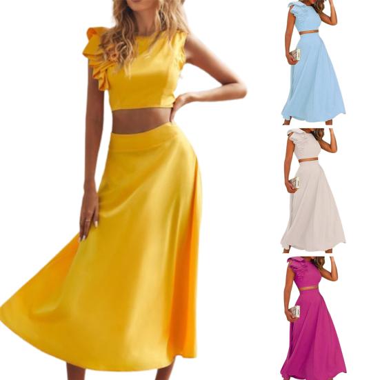 Женский костюм из 2 шт./компл., однотонный быстросохнущий укороченный топ с открытой спиной, юбка-миди для повседневной жизни