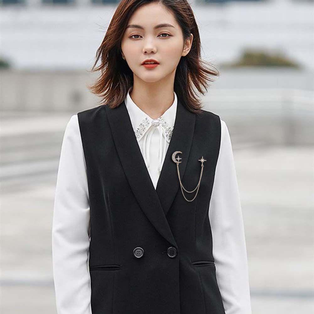 Rhinestone Tassel Chains Star Moon Star Moon Brooch Korean Style Chain Brooches Pins Women Brooches