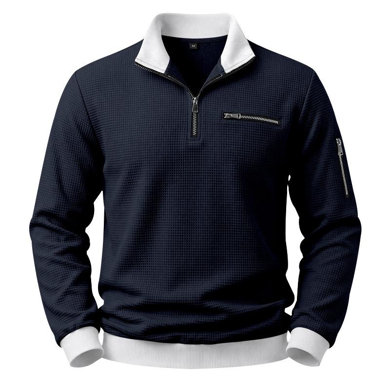 Spring and Autumn Men's Zipper Men's Waffle Casual Sports Polo Shirt Sweatshirt