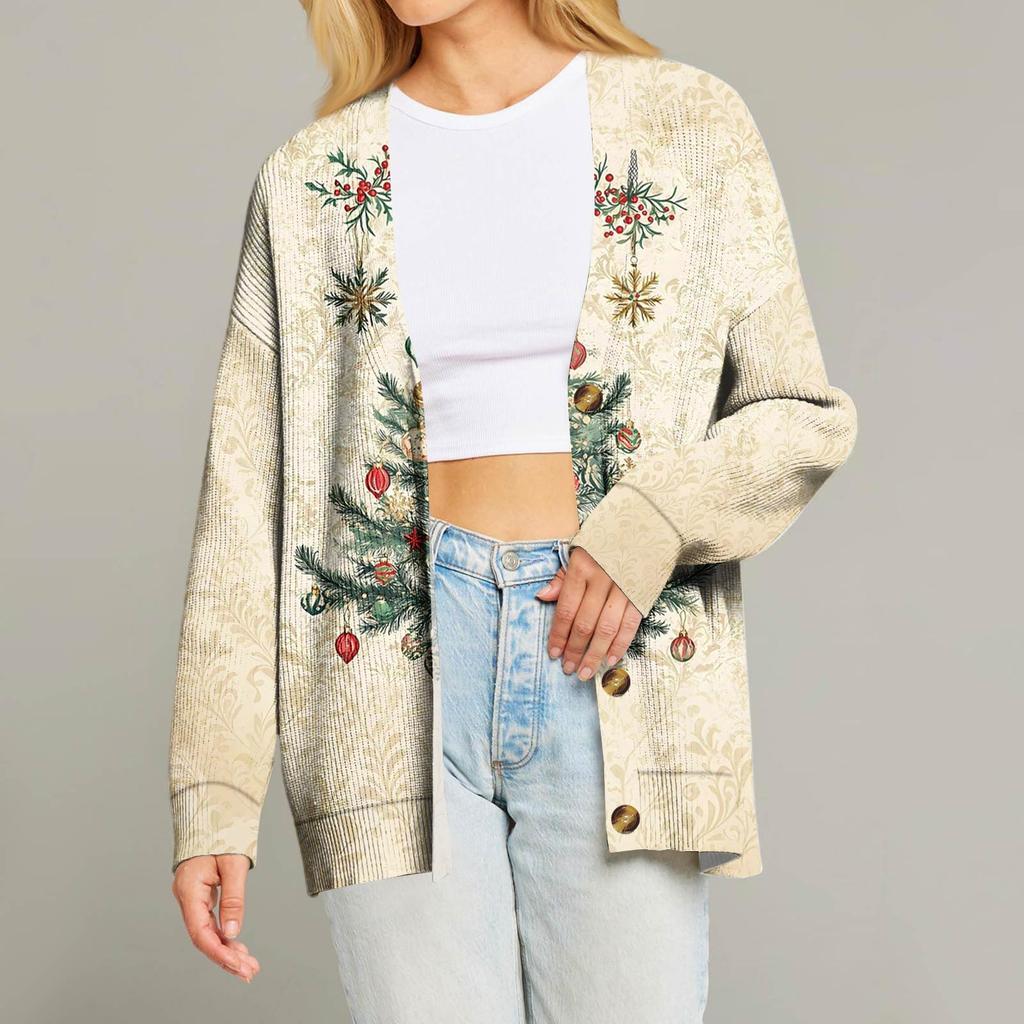 Женский модный кардиган с длинным рукавом, V-образным вырезом, на пуговицах, свободного кроя, с рождественским принтом