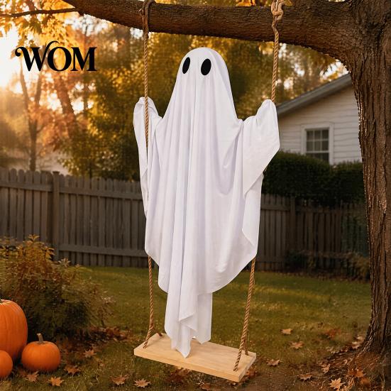 Weighted Fabric Flying Ghost Halloween Hanging Swing Decor with String Lights, Glowing Floating Easy Assembly Ghosts Ornament for Yard Tree,