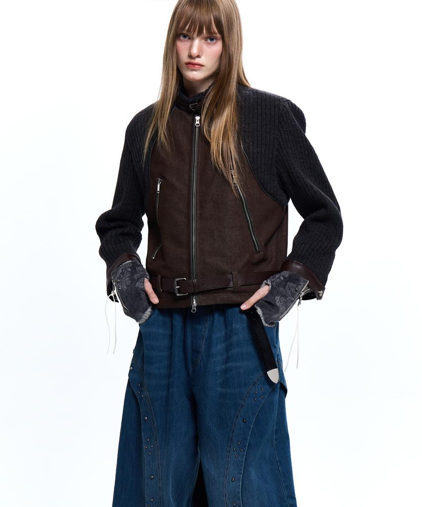 Rssc Knit & Denim Belted Biker Jacket - Brown
