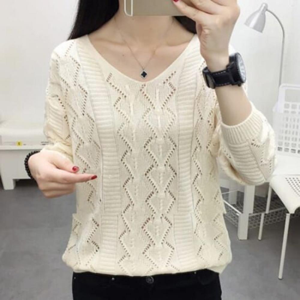 NaVaVa Nk1988 Simple Punching Thin Long SleeVe V Neck Knit Top