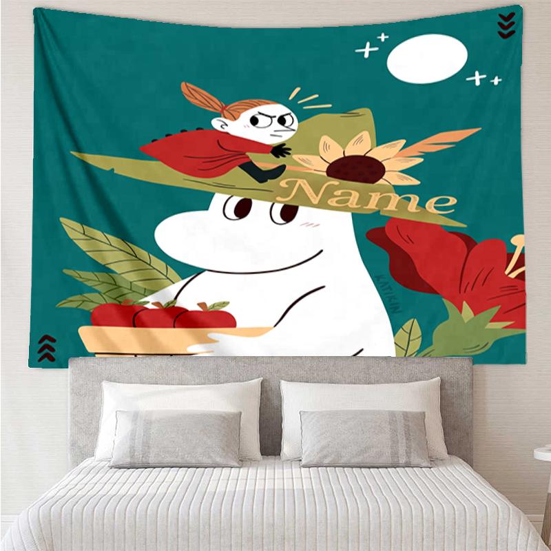 Custom Name Moomin Print Tapestry, Backdrop, Easy Setup, Ideal for Bedroom, Office & Living Room, with Aesthetic Wall Hanging Decor.