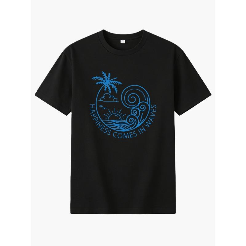 Kids Crewneck Short Sleeve T-Shirt, Hand Drawn Line Art "Happiness Comes in Waves" Beach Letter Print