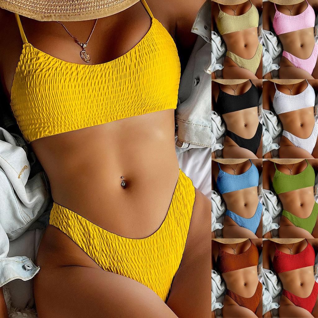 Женский летний модный сексуальный однотонный комплект бикини со шнуровкой на талии и раздельным купальником