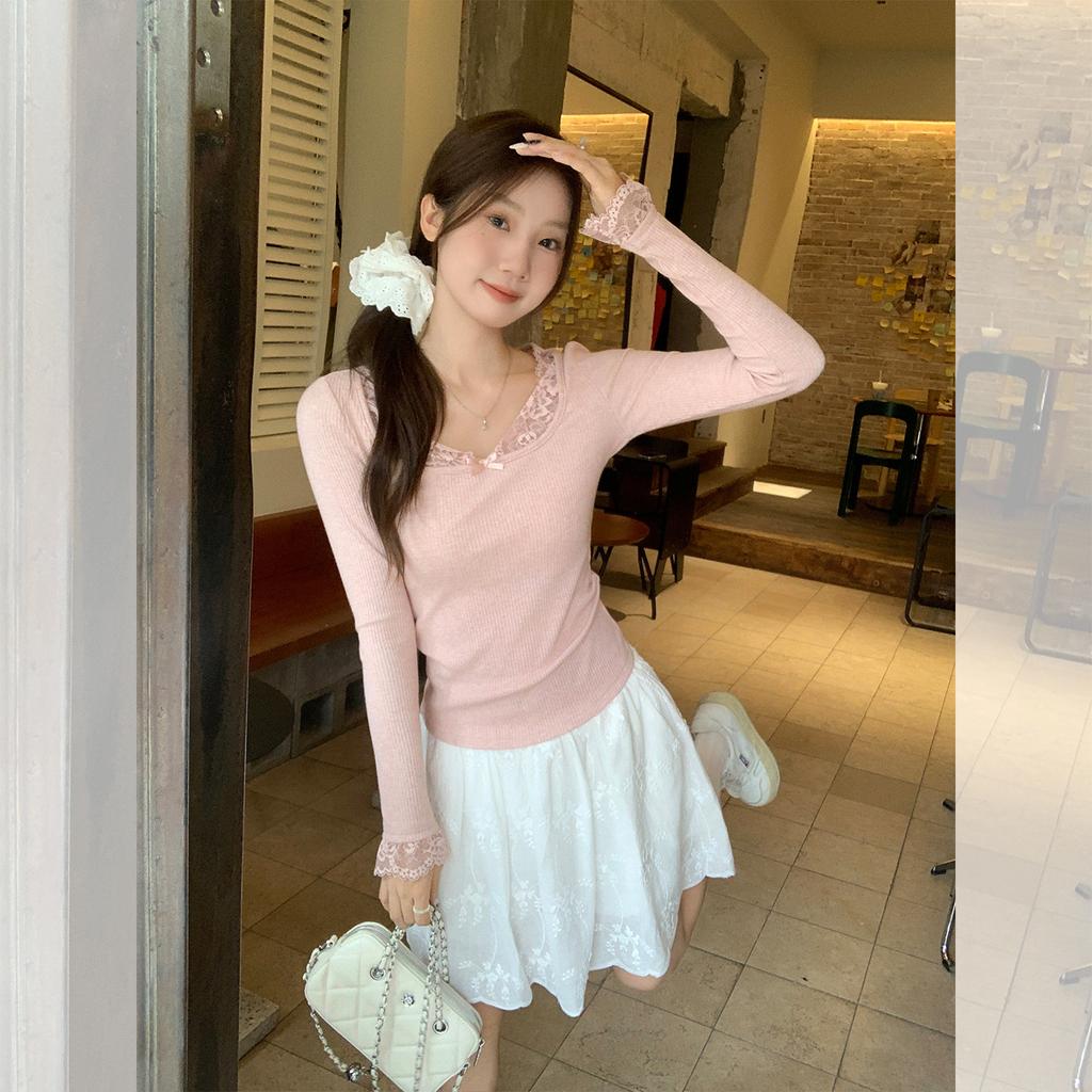 Розовая кружевная футболка с U-образным вырезом и бантом, длинный рукав, женская, для ранней осени, новая, базовая, облегающая, тонкий вязаный топ