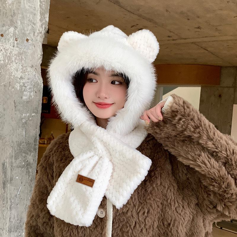 Женский зимний комплект из плюшевой шапки и шарфа с лисьими ушками - толстая, теплая защита ушей для езды на велосипеде