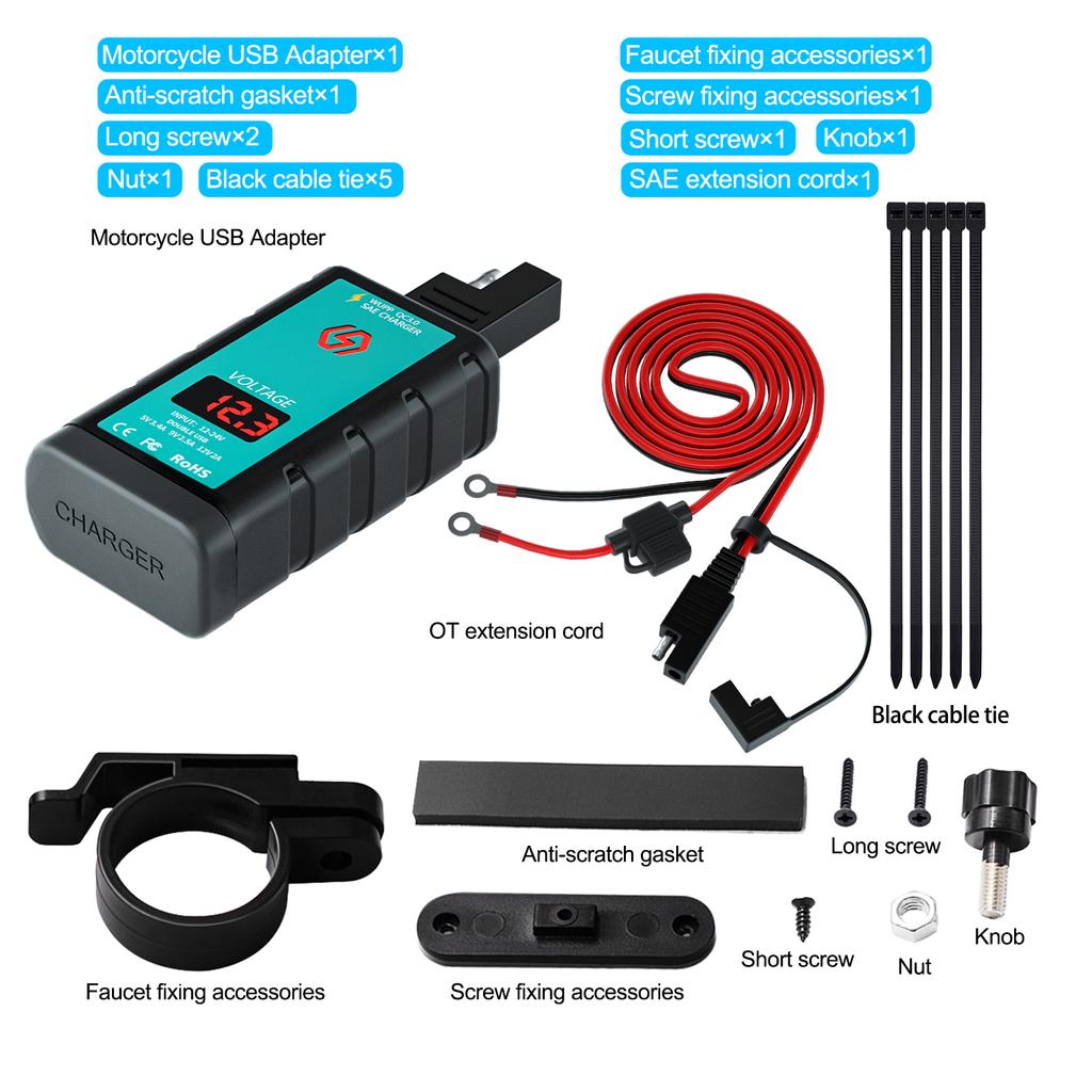 PD QC3.0 Мотоциклетное USB-зарядное устройство Водонепроницаемый 12V Адаптер питания с выключателем Вольтметр Розетка SAE к USB Type-C Зарядное устройство для телефона