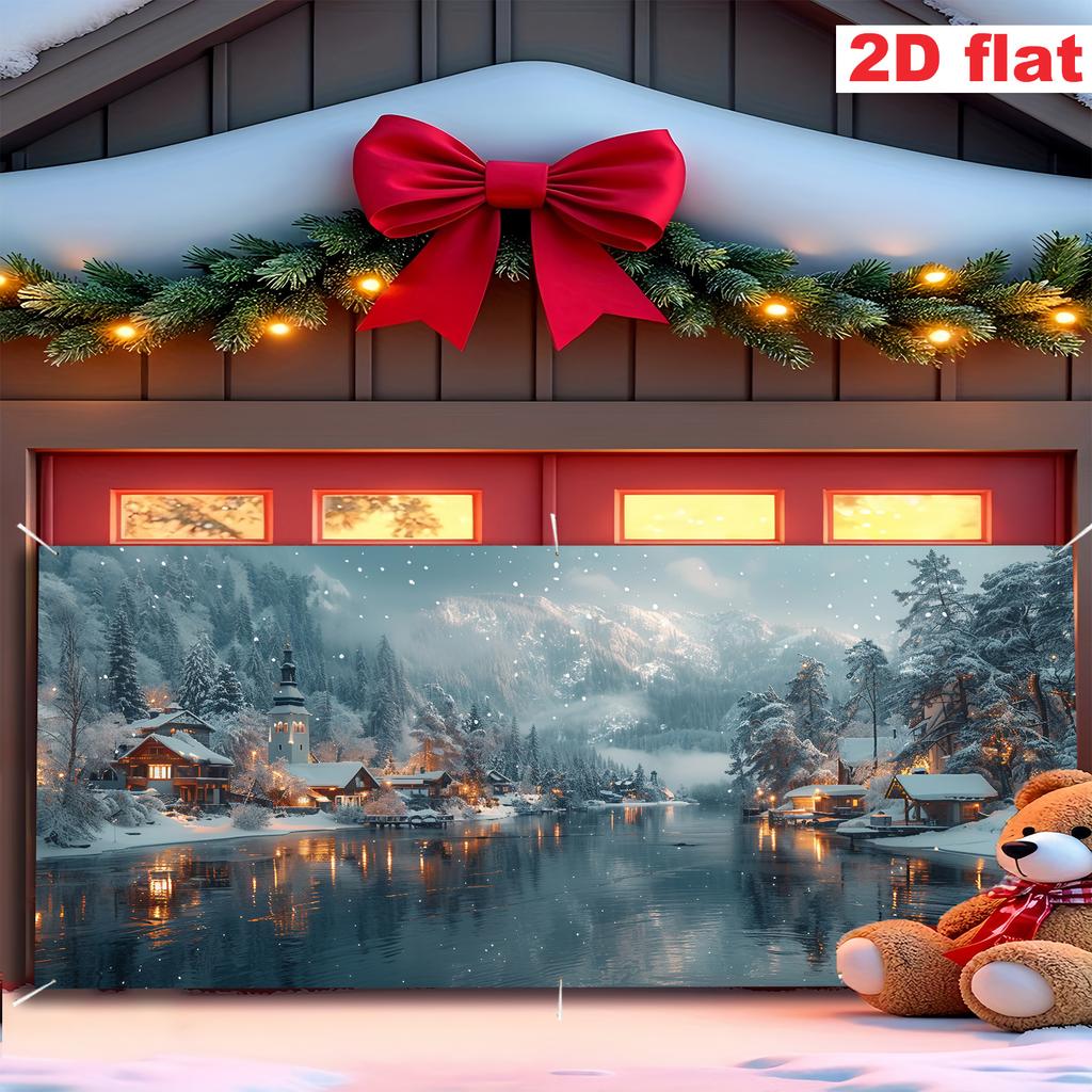 2D плоскость, 2D плоскость баннер, 1 шт., баннер для украшения гаража на тему зимней снежной сцены - дизайн с изображением прибрежного города и горной местности