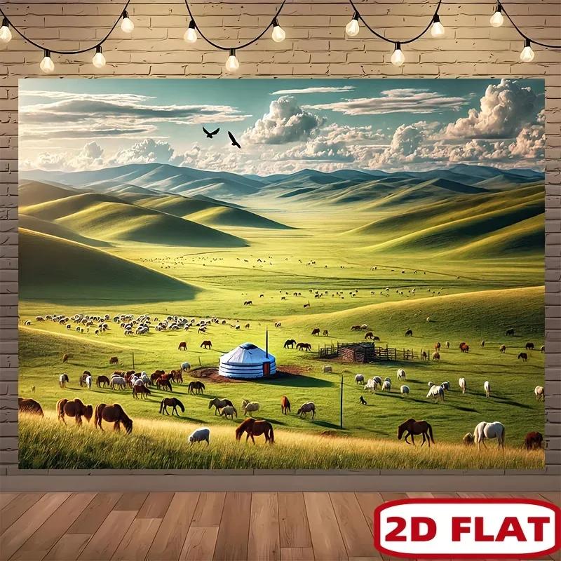 One 2D flat banner, designed in the style of the Mongolian grassland, is perfect for wall decoration in rooms or gardens.