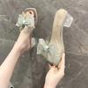 Слайды Off White Shoes Transparent Jewels Summer 2024 Прозрачные женские тапочки и сандалии из горного хрусталя с бантами и кристаллами I 39