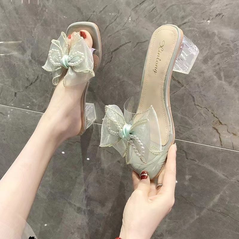 Слайды Off White Shoes Transparent Jewels Summer 2024 Прозрачные женские тапочки и сандалии из горного хрусталя с бантами и кристаллами I 39