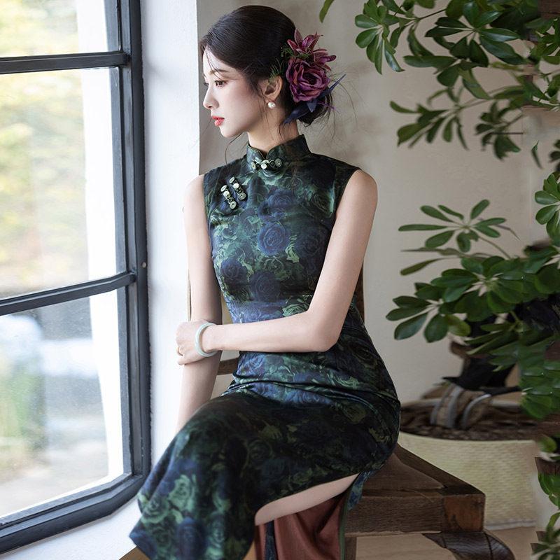 Green national style new Chinese sleeveless long cheongsam improved young new women's high-end dress summer