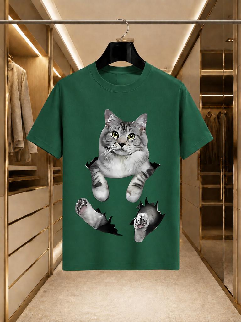 2026 New Arrival 100 Cotton Tshirt 3d Torn Fabric Maine Coon Cat Graphic Print Funny Cartoon Crew Neck Casual Short Sleeve