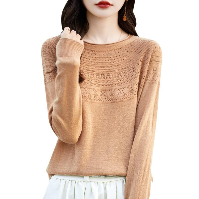 One-line Ready-to-wear Rolled Round Neck Hollow Wool Sweater for Women In Summer Loose Versatile Thin Wool Base Shirt for Women